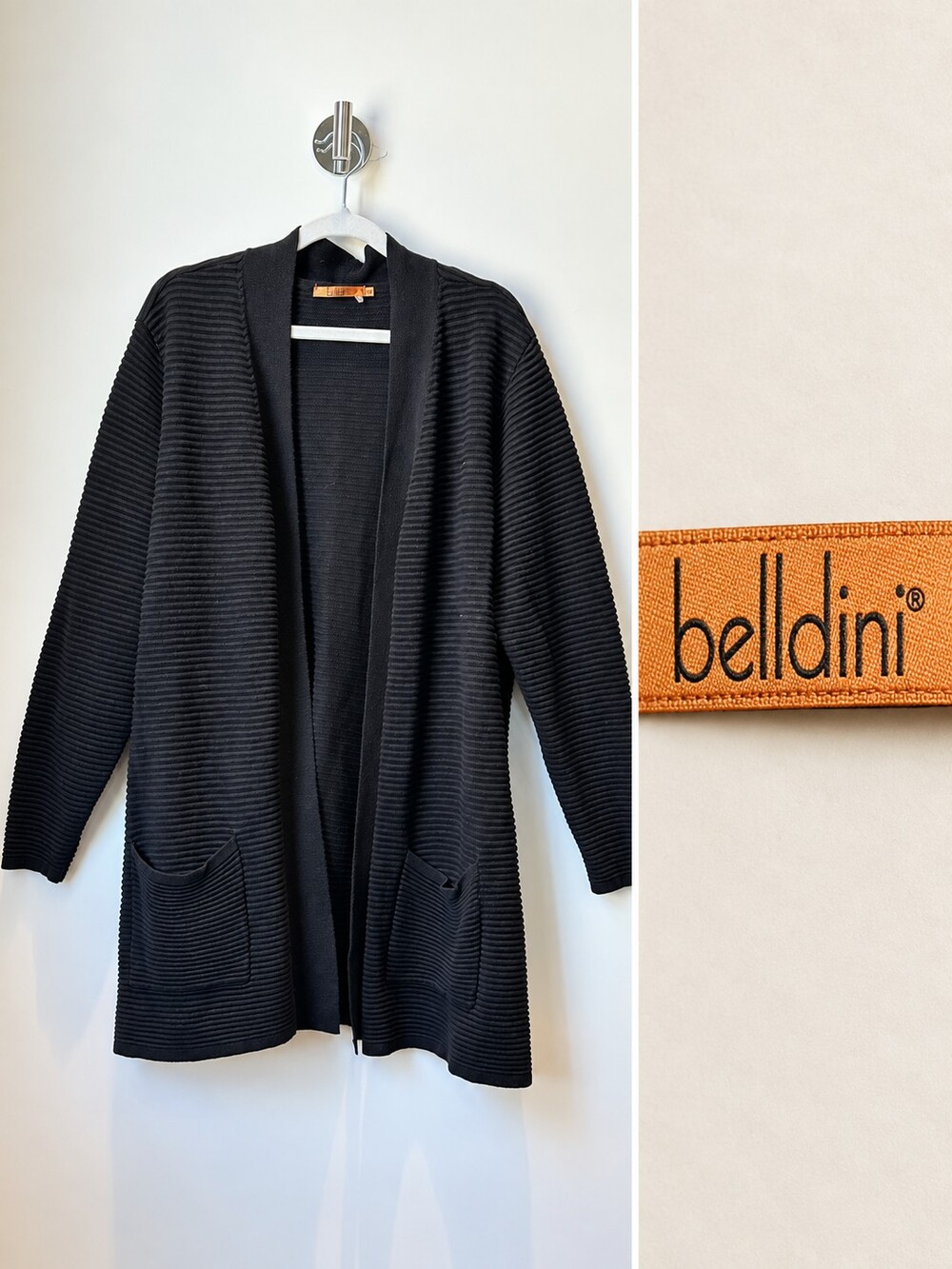 Belldini 3X Black Ribbed Longline Open Front Cardigan Sweater Pockets